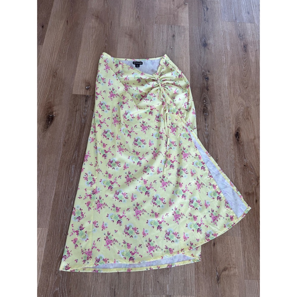PrettyLittleThing‎ Midi Skirt Womens 6 Yellow Floral Ruched Side Slit Boho
